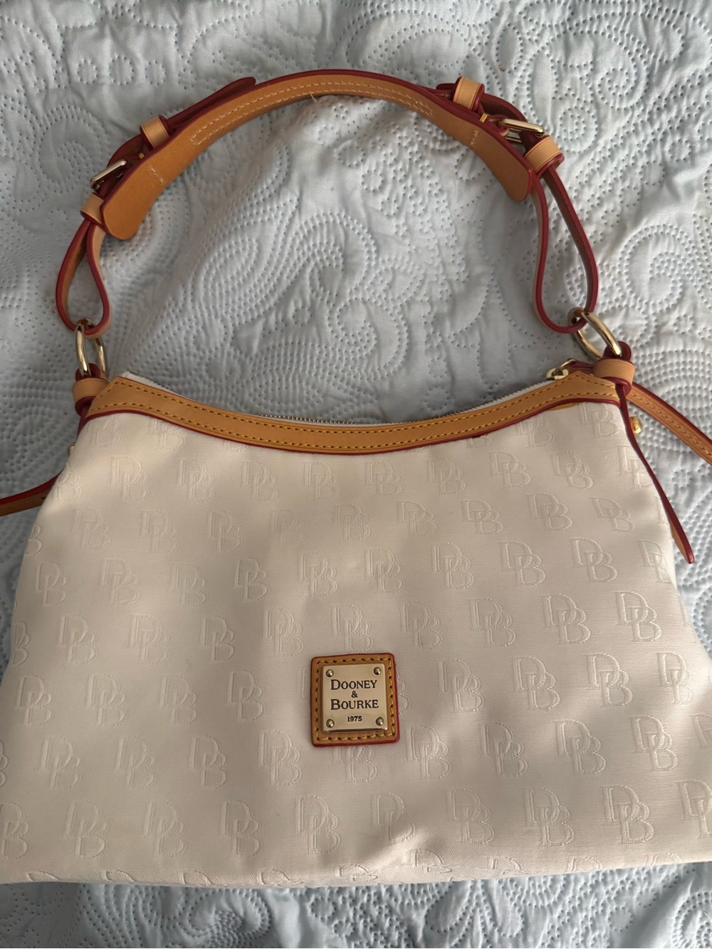 Dooney & Bourke Cream Signature Logo Shoulder Bag with Tan Trim
